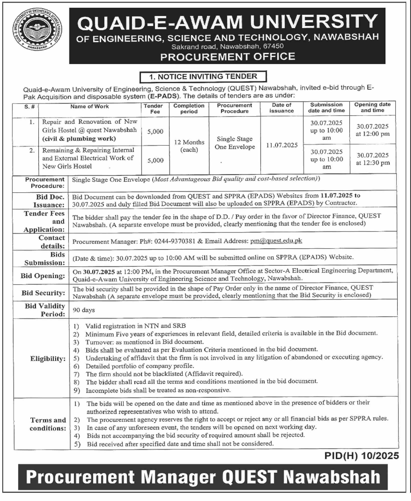 Quaid-e-Awam University of Engineering Science & Technology Nawabshah Tender Notice